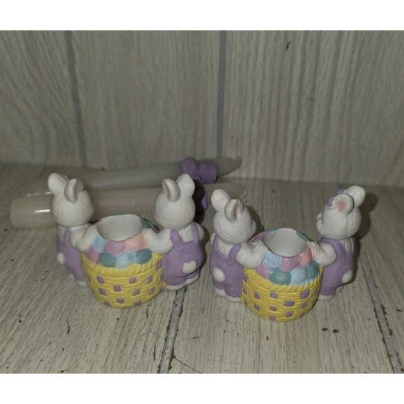 Vtg Hermitage Pottery Easter Candle Holders Bunny Rabbits Easter Basket Set Of 2 - Picture 3 of 8